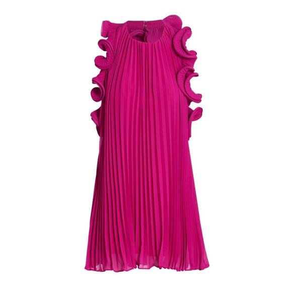 Amur Mimi Mini Dress Pleated Pink Magenta Peacock Chiffon Halter Ruffles 12 - Picture 12 of 15